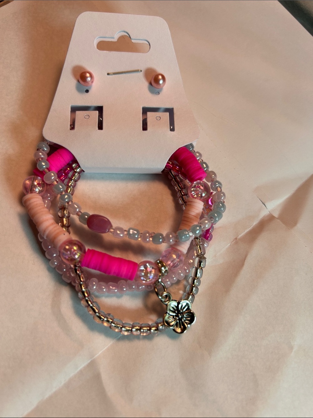 Women's Pink Multi-Strand Beaded Bracelet Set with Floral Charm